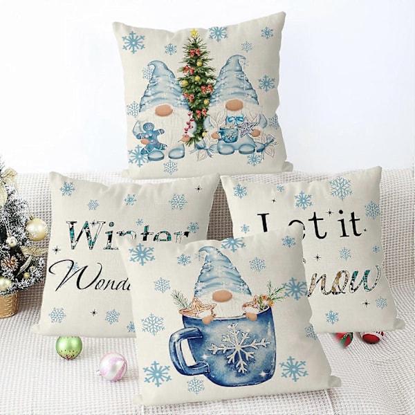 Jul Kuddfodral 45x45cm 4 Delar Tomte Vinter Kudde Örngott Låt Det Snöa Jul Vinter Kuddfodral Vardagsrum Hus Kuddfodral