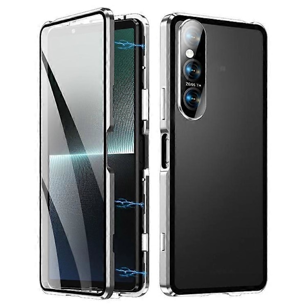 Kompatibel med Sony Xperia 1 V Magnetisk Adsorptions Etui Metalramme + Hærdet Glas + PC Bagside Klar Telefon Cover Silver