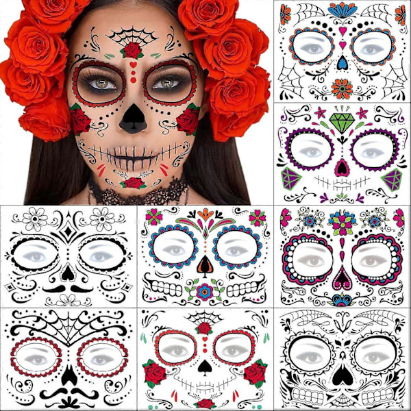 Day of the Dead -tatuoinnit - 8 Halloween-väliaikaistatuointitarran setti Da de Los Muertos Glitter Punainen Ruusu Kallo Sokerikallo Valetatuoinnit Halloweeniin