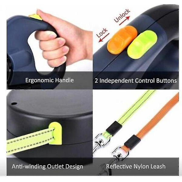 Hundeleie Dobbel Retraherbar Leie For 2 Hunder, Med LED-Lys Og 3m Leie Dispenser