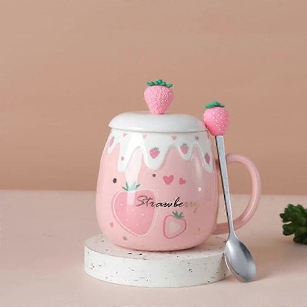 Søde Jordbærkrus Pink Kaffekrus Keramisk kawaii Kop Morgen Te Mælk Frugtkrus med Dejligt Låg Rustfri Stål Ske Kreativ 500ML