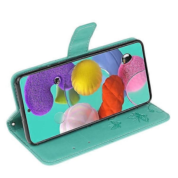 Præget Sommerfugl Blomst Skin PU Læder Flip Mobilcover Kompatibelt til Samsung Galaxy A51 Green