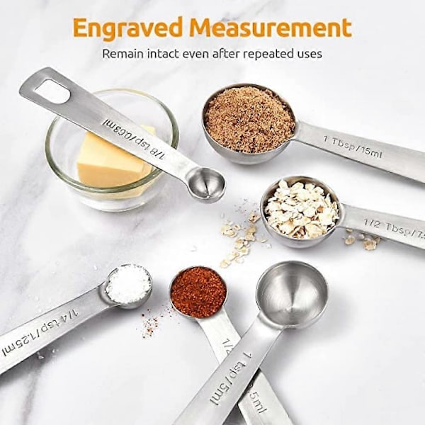 Mätskedar: 18/8 Rostfritt Stål Mätskedar Set Om 7 Delar: 1/8 Tsk, 1/4 Tsk, 1/2 Tsk, 3/4 Tsk, 1 Tsk, 1/2 Msk & 1 Msk Torra Och Flytande Ingredienser