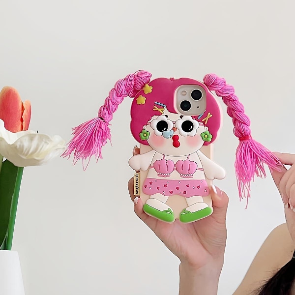 Kotelo iPhone 14 Pro Maxille, söpö 3D Kawaii puhelinkuori hauska vaaleanpunainen pupu sarjakuvakuvio vihreillä aurinkolaseilla pehmeä silikonigeeli pudotussuoja Wo