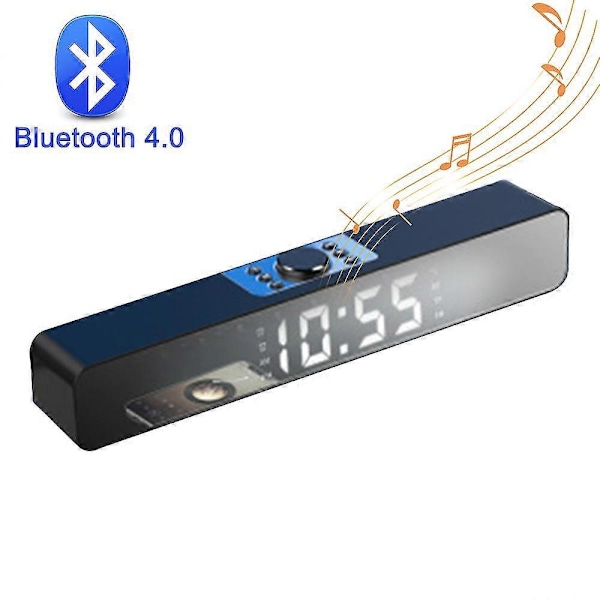Usb Trådløs Bluetooth Mini Højttaler Med Ur, Soundbar Dobbelt Højttaler Til Computer Smartphone Desktop - Sort Engelsk Version