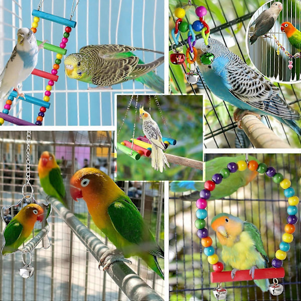 Fugle Parakit Cockatiel Legetøj, ESRISE Hængende Klokke Kæledyrsfuglebur Hængekøje Gynge Klatrestiger Legetøj Træpind Tygelegetøj til Conures, Love Birds, F