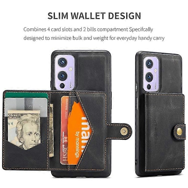 JEEHOOD Magnetisk pung aftagelig 2-i-1 design læderbelagt TPU-etui kompatibel med OnePlus 9 (EU / US version) Black