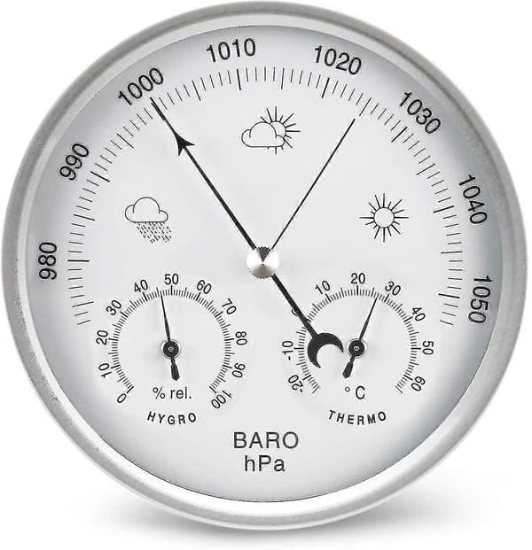 Barometer av urtavletyp med termometer, hygrometer, väderstation och mätning av barometriskt tryck