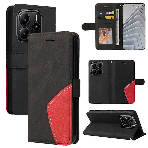 Yhteensopiva Xiaomi Redmi Note 14 4G (163.25x76.55x8.16mm) -puhelinmallille Nahkainen puhelinkotelo, jossa jalusta ja lompakko, kaksivärinen muotoilu Black