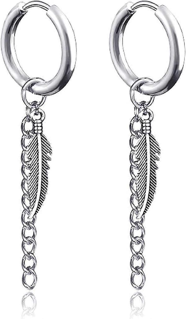 Fjer Punk Hoop Øreringe Rustfrit Stål Blad Hug Stud Hængsel Unisex Pierced Smykker 1 Par