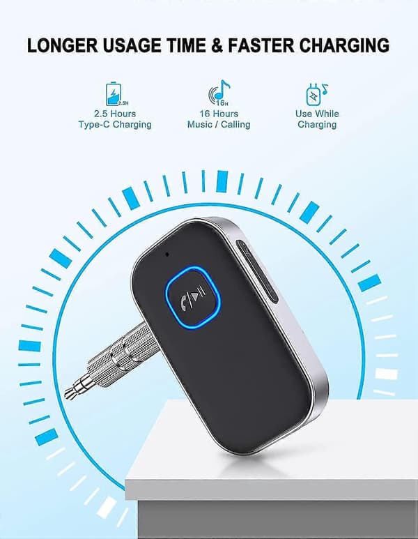 [2022 Oppgradert Bluetooth-mottaker, Støyreduserende Bluetooth-biladapter, 16 timer standby Aux Bluetooth-mottaker for HiFi bilradio/bilstereo/hjemmestereo