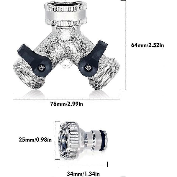 Hageslangekobling, 2-veis slangesplitter dobbel messingkran med 2 stk 3/4 tommers slangekobling for hagevanning