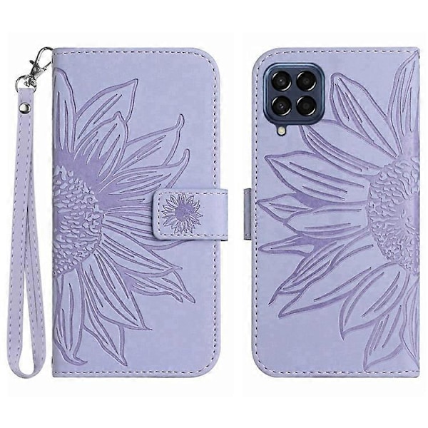 Kompatibelt för Samsung Galaxy M53 5G HT04 Skin-touch PU Läder Mobiltelefon Skydd Skal med Tryckt Solros Ställ Plånboksfodral LightPurple