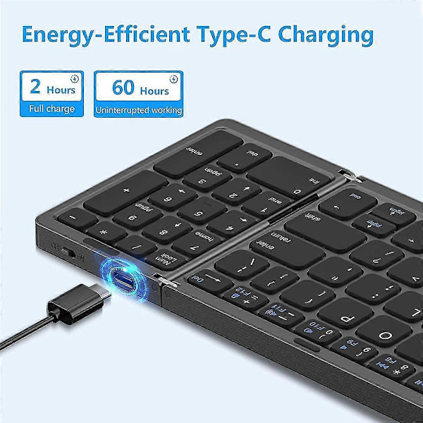 Foldbar, USB-opladelig trådløst tastatur til IOS, Android, Windows PC Laptop Smartphone - Sort