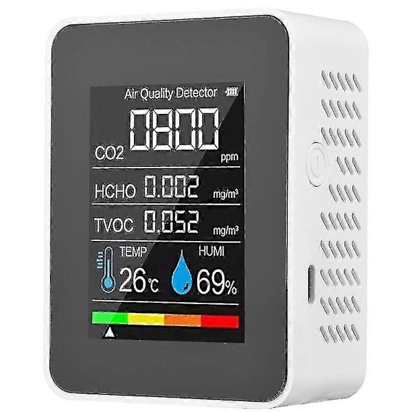 Fem-i-en Gasdetektor med LCD Digital Farveskærm Kuldioxiddetektor (indbygget batteri), Hvid (hus med skrå huller og rando