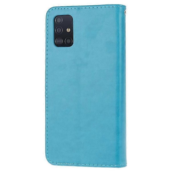 Præget Sommerfugl Blomst Skin PU Læder Flip Mobilcover Kompatibelt til Samsung Galaxy A51 Blue