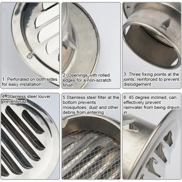 2 Stykker - Ventilationsgitter - Rustfrit Stål - Udvendig Ventilation med Insektnet til Garage Køkken Badeværelse.