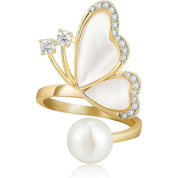 18k Guldpläterad Kubisk Zirkonia Pärlring, Justerbar Ring, Fjärilsring, Mamma Present