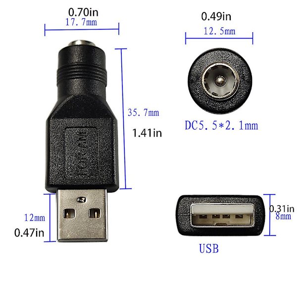 Svart USB til DC-adapter USB 2.0 A Hunn til DC 5.5x2.1mm Strømadapter
