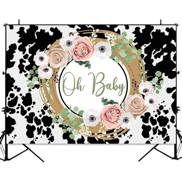Holy Cow Baby Shower Bakgrund För Flicka Oh Baby Svart Och Vit Ko-mönster Baby Shower Fotobakgrund Banner Rosa Blommor Bondgårdsdjur Baby Showe