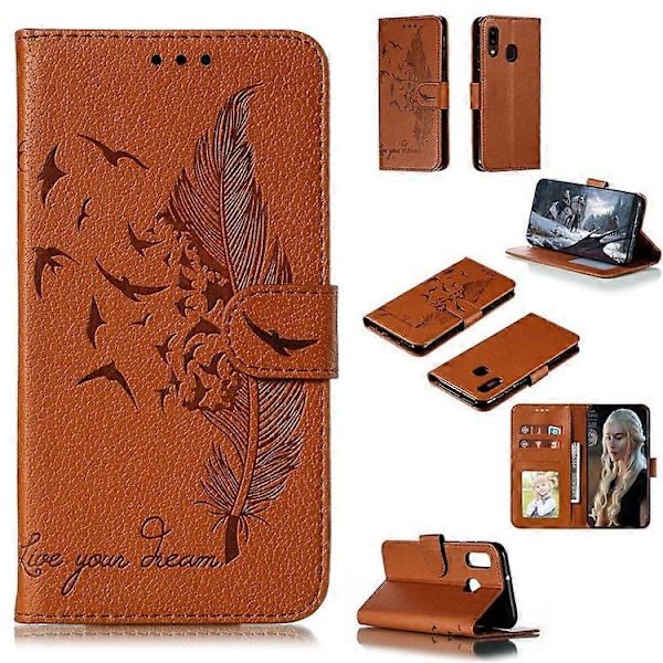 Litchi Tekstur Præget Fjer Læder Telefon Cover med Wallet Stand Kompatibel til Samsung Galaxy A20e Brown