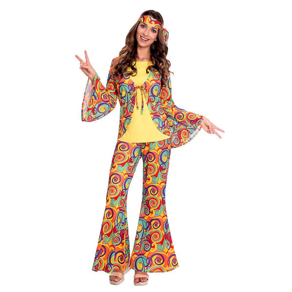 Flerfärgat par 60-tal 70-tal Hippy Disco Kostym Retro Rockabilly glänsande skjorta Cosplay Carnival Halloween Fancy Party Dress B1 M