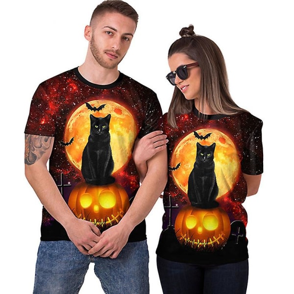 Black Cat Halloween Pumpkin Fun Unisex T-shirt för män kvinnor CAT PATTERN M