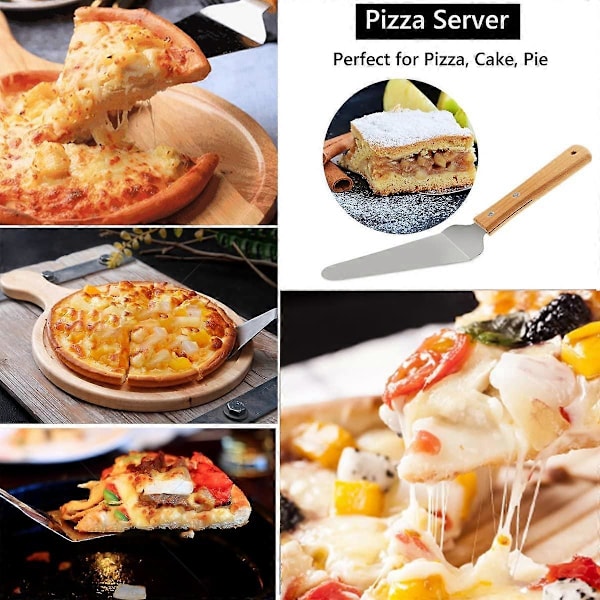 3 stk. pizzakutter, pizzaspade, kakespade i rustfritt stål med trehåndtak, ideell for pai, pizza eller kake