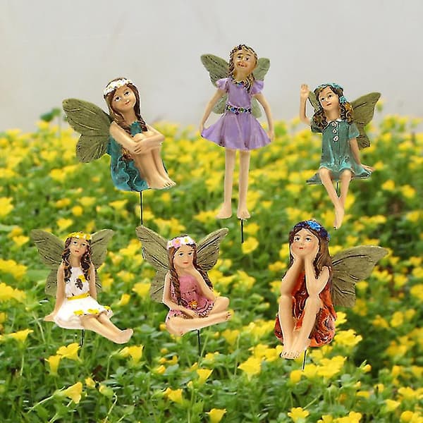 Sæt med 6 Mini Feer - Have Udendørs Ornamenter Dekorations Statue Tilbehør