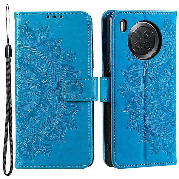 Präglad Mandala Blomma Fullständigt Skydd PU Läder + Mjuk TPU Ställ Plånboksfodral med Rem Kompatibel med Huawei nova 8i Blue