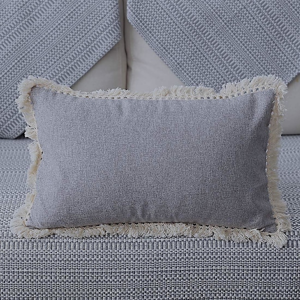 Putevar i bomulls- og linblanding i bondegårdsstil med dusker, dekorative lendevar, putetrekk til sofa, soverom, bil (grå 03, 30x50 cm)