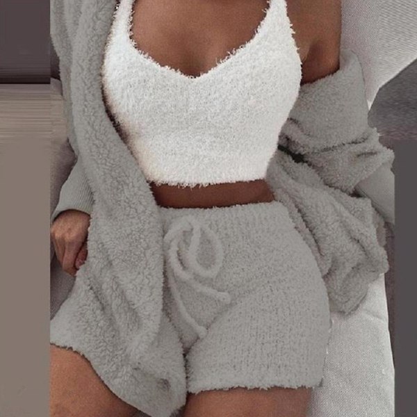 Naisten 3kpl fleece pörröinen turkki + shortsit + lyhyt liivi set grey L