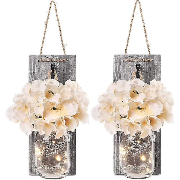 2 Rustika Mason Jar Ljusslingor, Sidenhortensia och LED-ljusslingor
