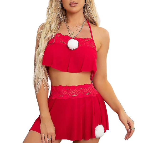 Christmas Lady Sexig Halter Crop Top Kjolar Sets Sovkläder Erotiska underkläder M