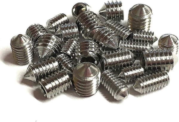 Sett med 16 koniske settskruer 5 mm lange, forskjellige gjenger metrisk, M3, M4, M5 og M6. Sett med A2 rustfrie sekskant-settskruer