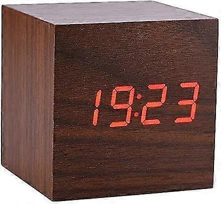 LED Skrivbordsklocka Väckarklocka Morgonklocka Digital Kub/rektangulär/triangulär Datum Temperaturvisning Med Digital Reseväckarklocka (valnötskub)