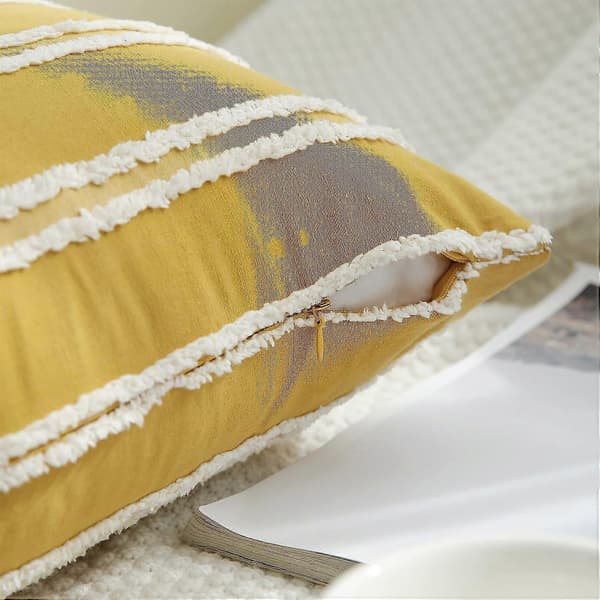 Boho Dekorativa Prydnadskuddar Överdrag 12x20 Set om 2, Neutralrandiga Kuddfodral, Senapsgula Bomull Linne Lumbar Kuddfodral för Soffa Vardagsrum