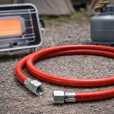 Gaskopplingssats – med 1,5 m slang och 50 mbar tryckregulator – för konstant tryck från tyska flaskor Ø.
