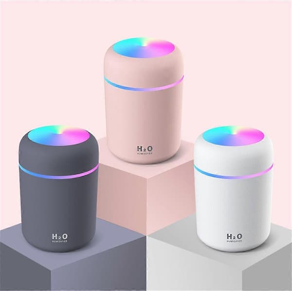 300 ml LED luftfukter, USB aromaterapi renser, billuftrenser, farget LED-lys, hvit