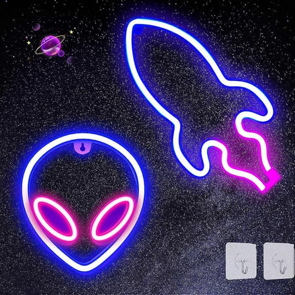 Neonskylt, 2-pack Alien Rocket LED Neonskylt, LED-skyltar för sovrum USB eller batteridriven neonskylt