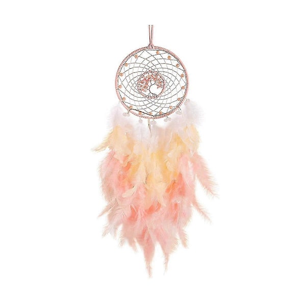 Drømmefanger Hængende Ornament Dekoration Håndlavet LED Lys Pink Fjer Healing Krystaller Drømmefanger