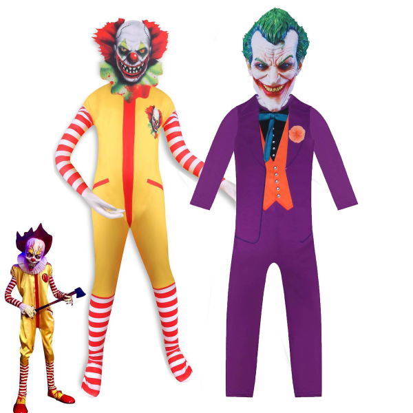 Kids Heath Ledger Cosplay Bodysuit Halloween-asuelokuva The Dark Knight Joker Jumpsuit Mask Täysi setit Carnival Clown vaatteet LC01-mask 130cm