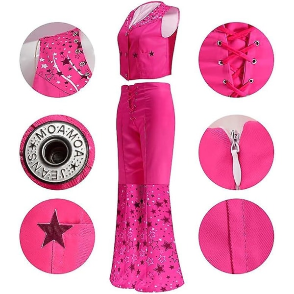 Cowgirl kostym 70-tal 80-tal Hippie Disco Outfits Rosa väst Top Flare Byxa Halloween Margot Robbie Cosplay För Damscarf Örhängen ingår inte Gold L