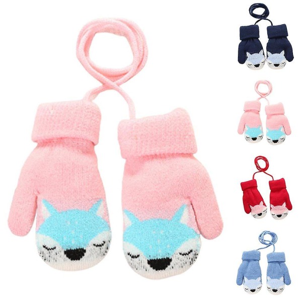 Barn Baby Cartoon Söta stickade vantar Vinter varma handskar på String Pojkar Flickor Present Pink