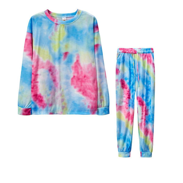 Kvinnors Tie Dye Casual Kostym Långärmad Sweatshirt Topp + Dragsko Byxor Kostym Casual Jogging Lounge Wear Blue and Pink M