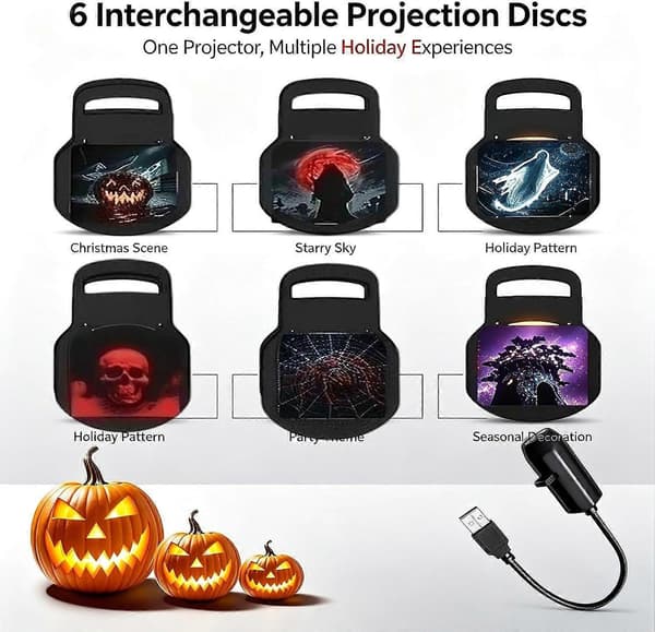 MultiTheme LED-projeksjonsnattlys, utskiftbare mønsterskiver, USB-pluggprojektor for hjemmeferieatmosfære-dekor C-6pcs