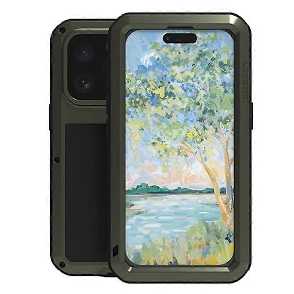 LOVE MEI Yhteensopiva iPhone 16 Pro -kotelolle Karkaistu lasinen näytönsuoja Metalli+Silikoni Puhelinkuori Green