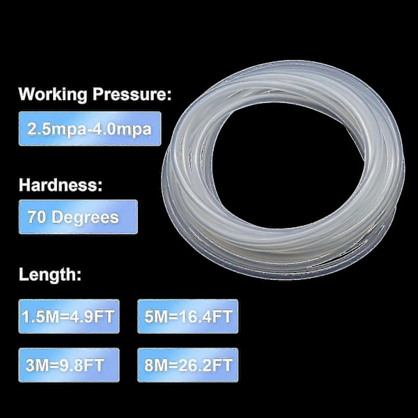 Silikoneslange - 5 mm indvendig diameter x 8 mm udvendig diameter, længde 8 meter, fødevaregodkendt fleksibel slange, til pumpeoverførsel