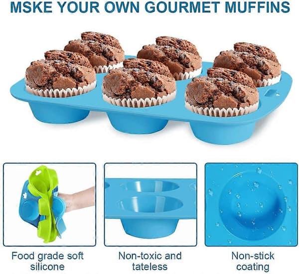 Sæt med 2 store non-stick silikone 6 muffinsforme - Blå-Grøn