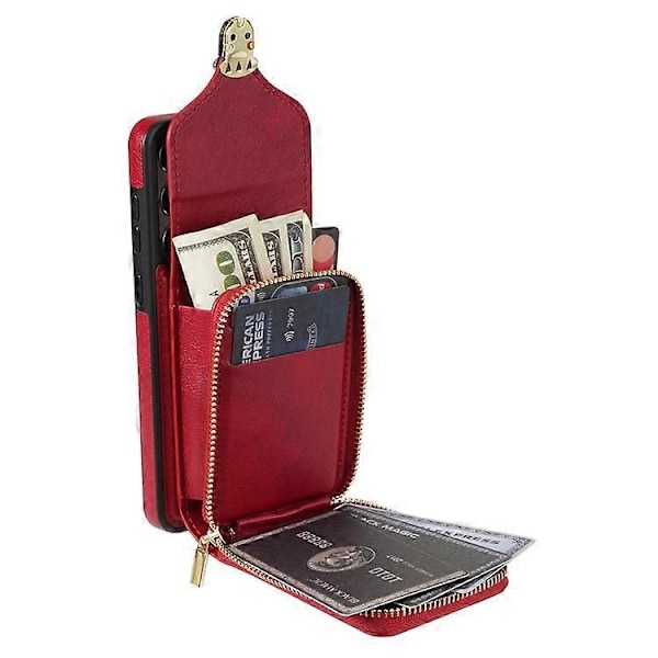 Kompatibelt för Samsung Galaxy S22 5G PU Läder + TPU Kortfack Fodral Ställ Dragkedja Telefonskal med Axelrem Red